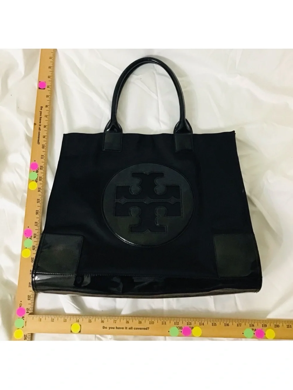 Tory Burch Large Nylon expandable Black Patent Trim Logo Tote